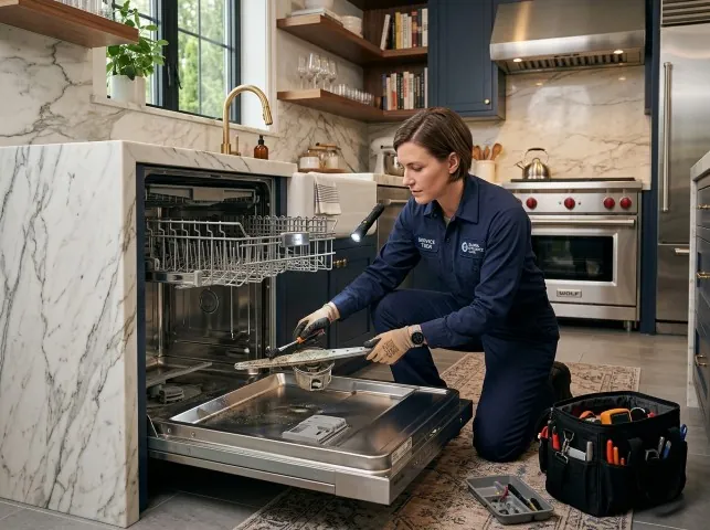 Appliance Repair Hero technician servicing a built-in dishwasher in a Bivalve, MD kitchen