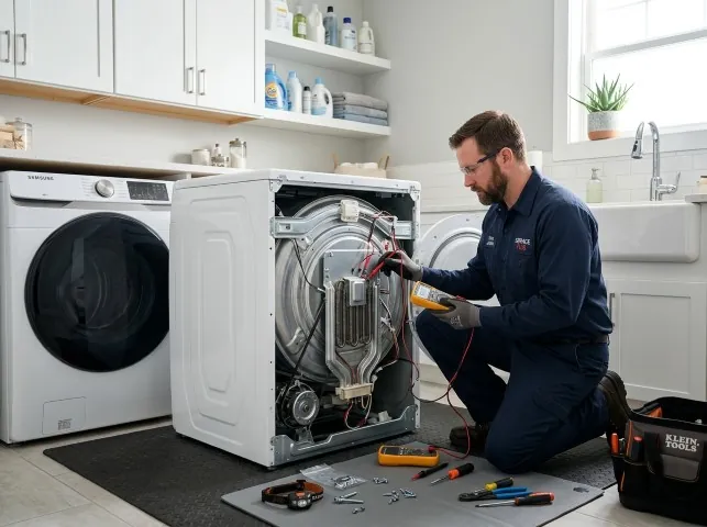 Appliance Repair Hero technician checking a dryer heating element with the rear panel off in Bivalve, MD