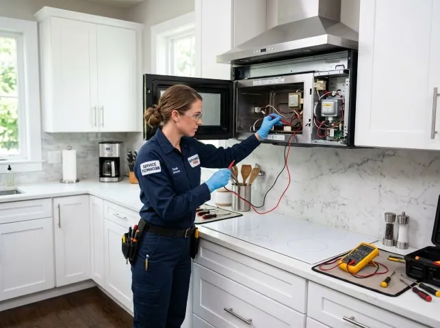 Appliance Repair Hero technician testing an over-the-range microwave in a Bivalve, MD kitchen