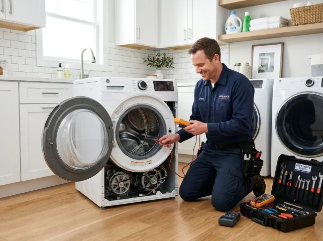 Appliance Repair Hero technician testing a front-load washer with a multimeter on a Bivalve, MD service call